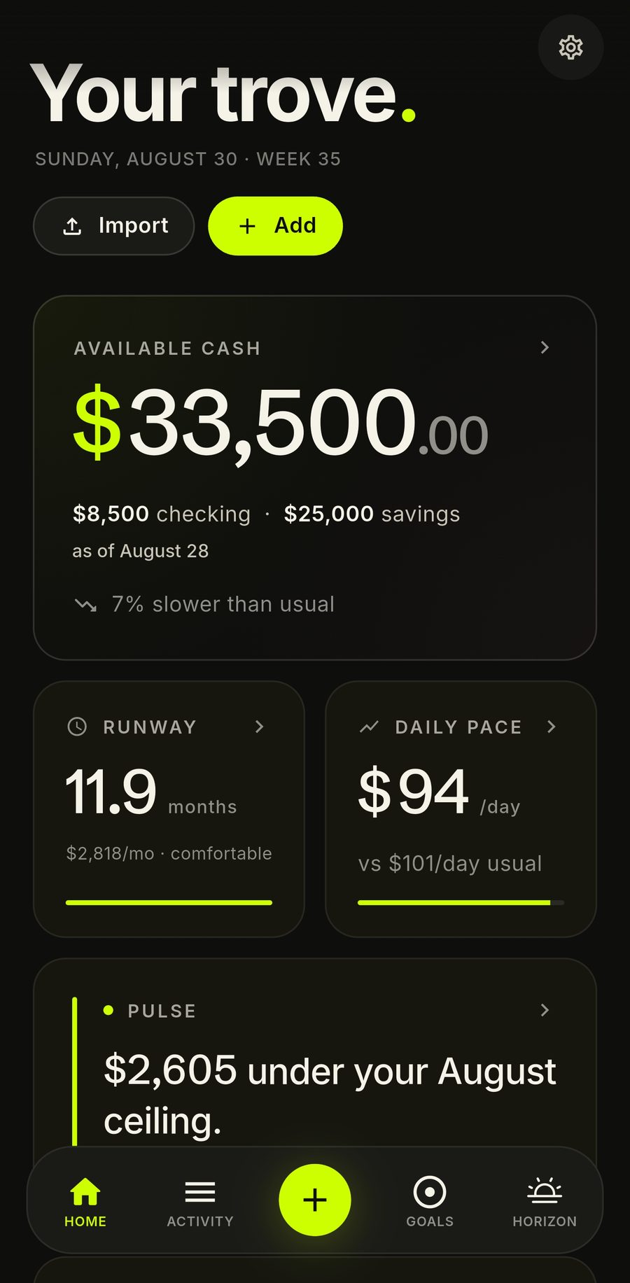 Trove dashboard showing available cash, runway, and daily spending pace